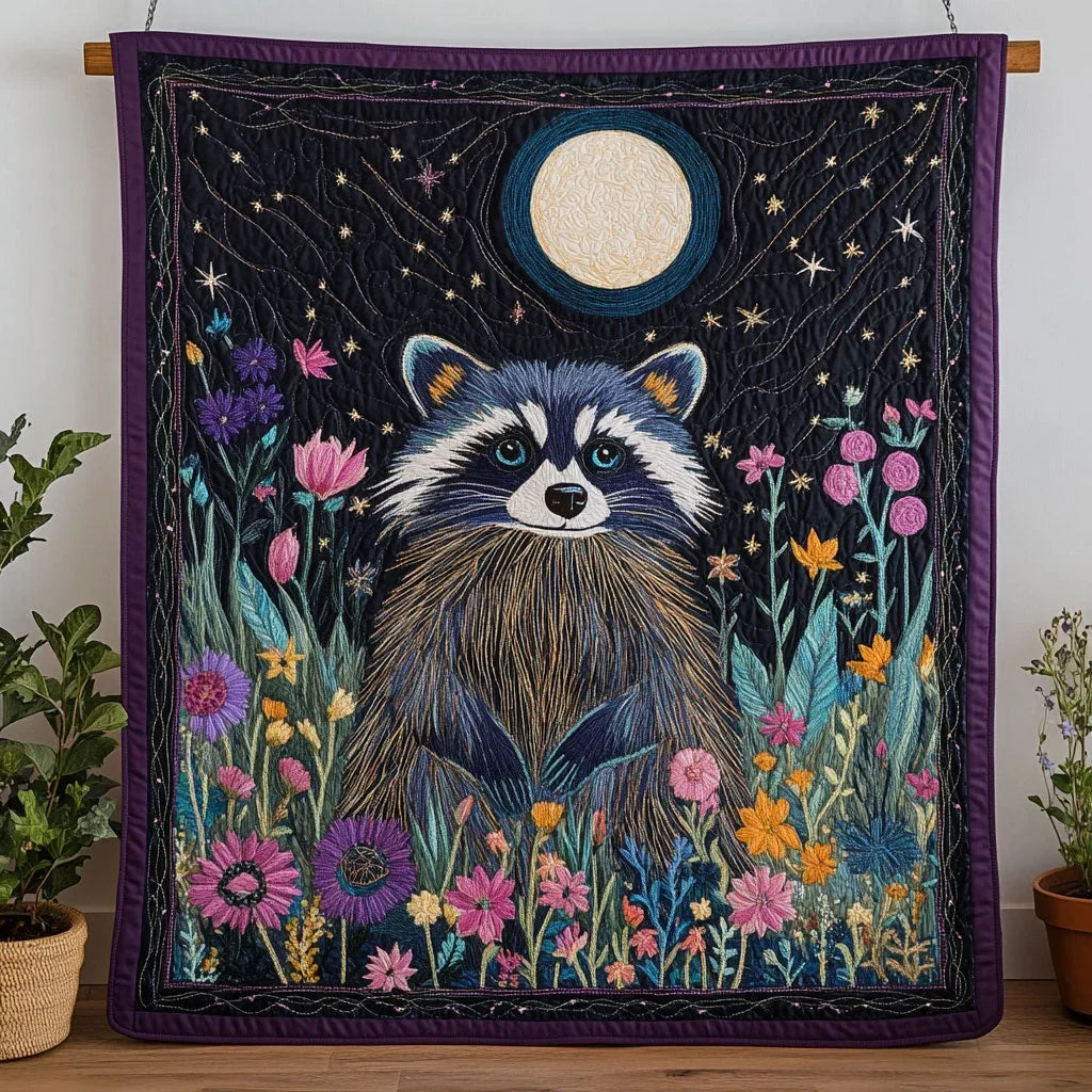 Raccoon Bloom Night Quilt Blanket