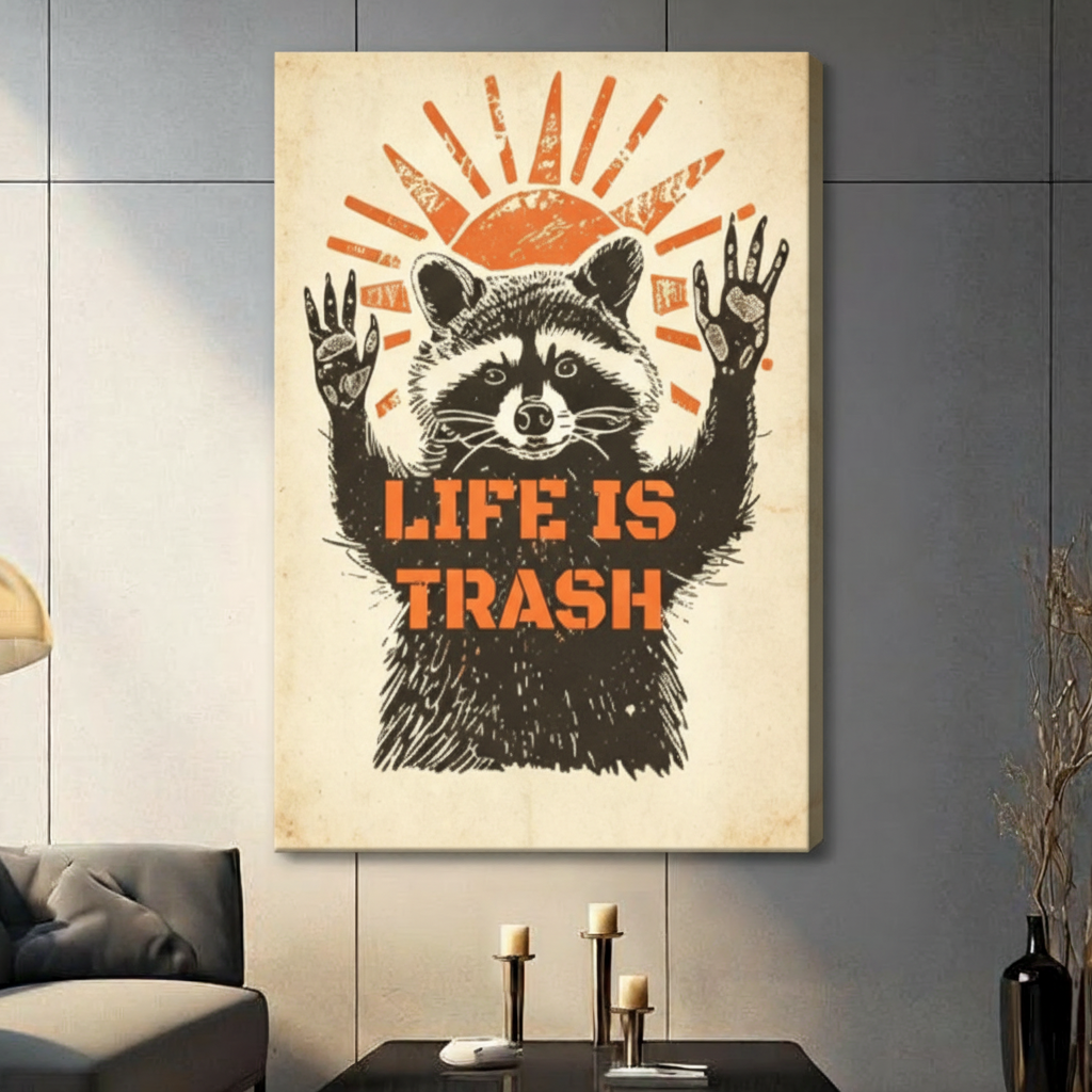 Life Is Trash Raccoon Retro Funny Canvas Art Wall Art