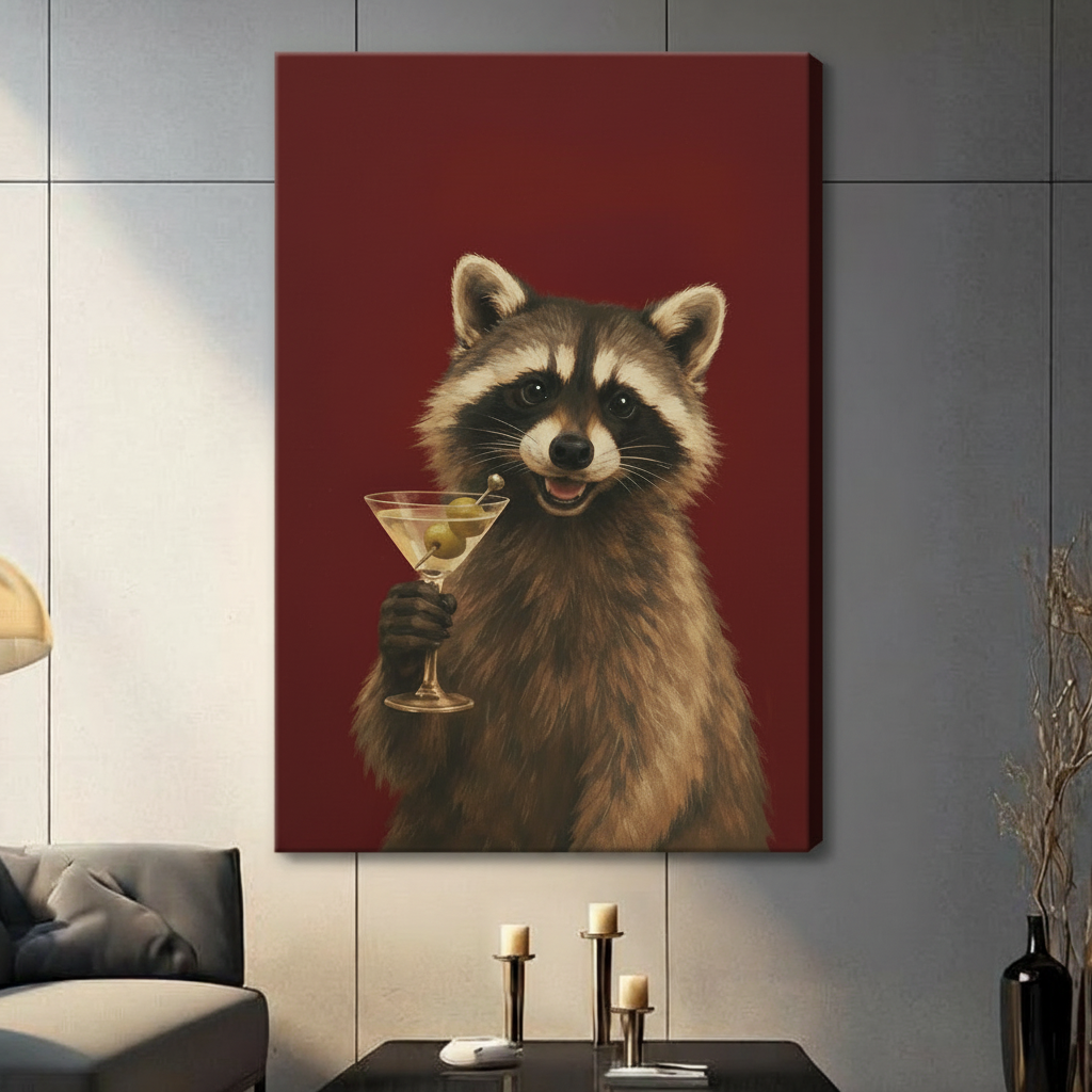 Raccoon Martini Whimsical Animal Canvas Wall Art