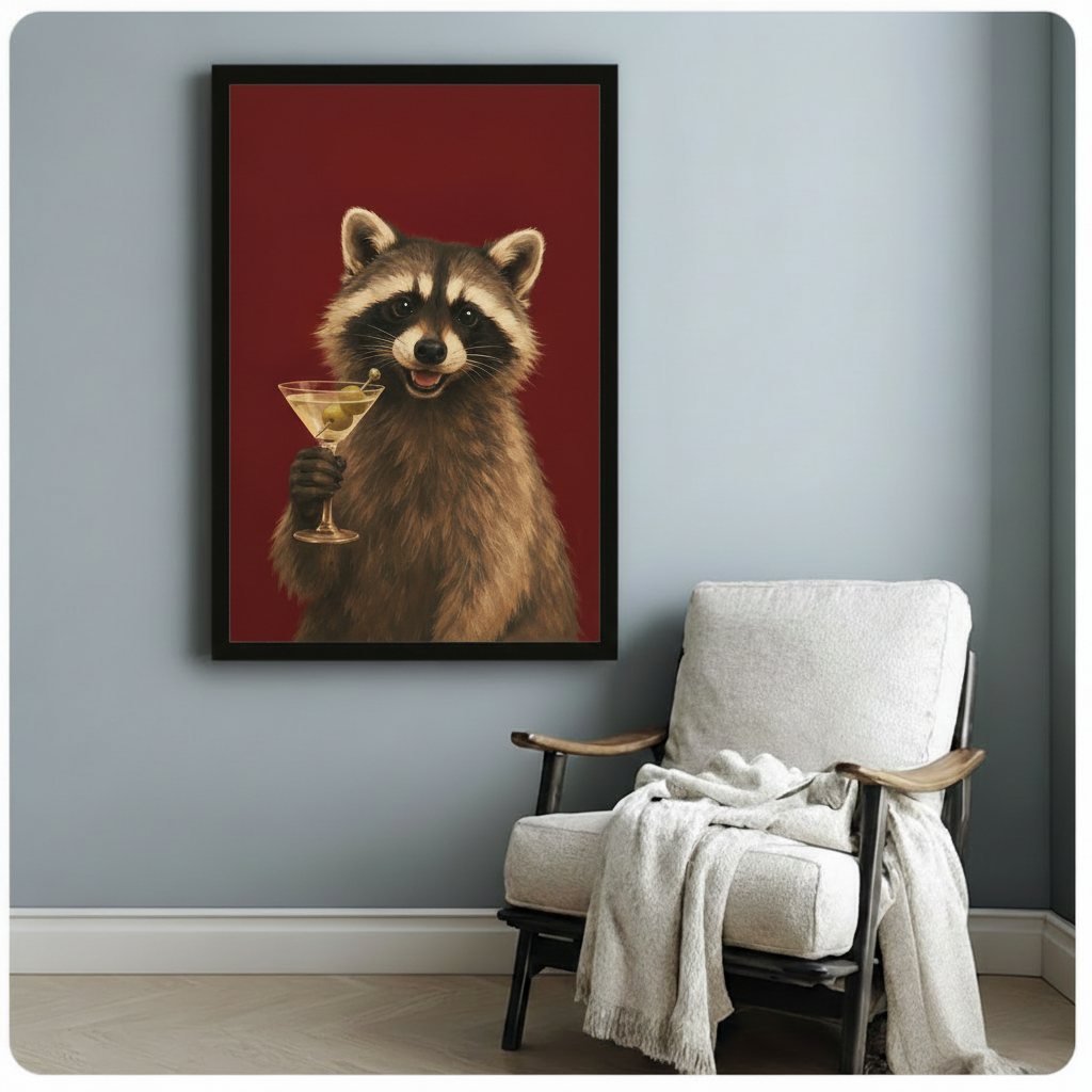 Raccoon Martini Whimsical Animal Canvas Wall Art