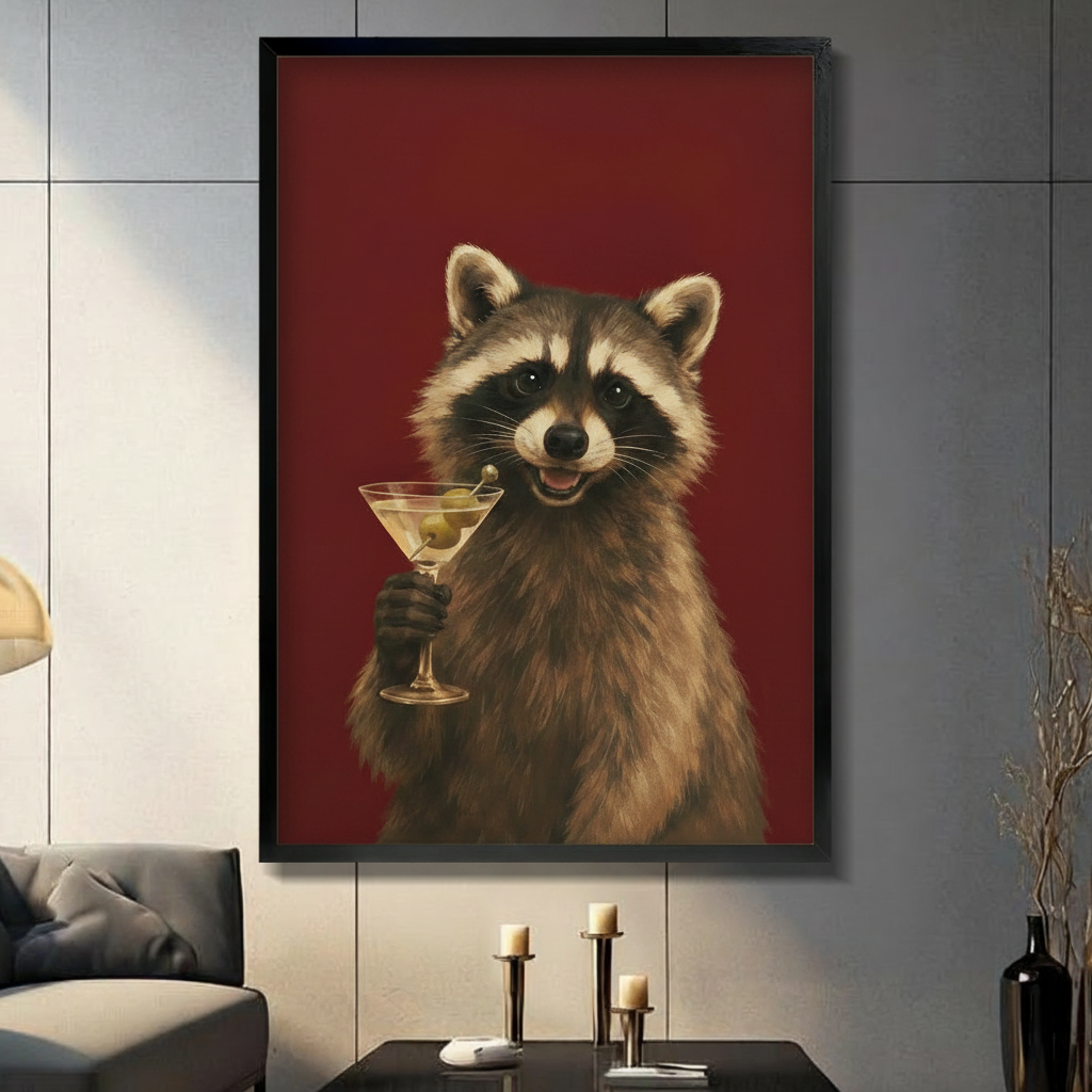 Raccoon Martini Whimsical Animal Canvas Wall Art