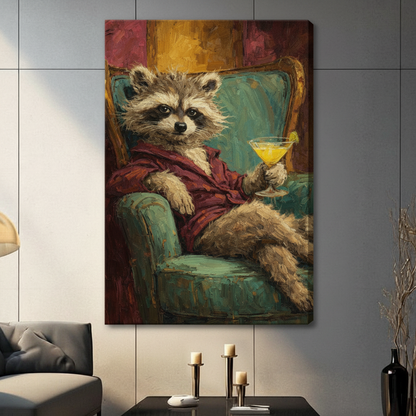 Raccoon in Robe Cocktail Impressionist Canvas Wall Art