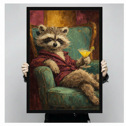 Raccoon in Robe Cocktail Impressionist Canvas Wall Art