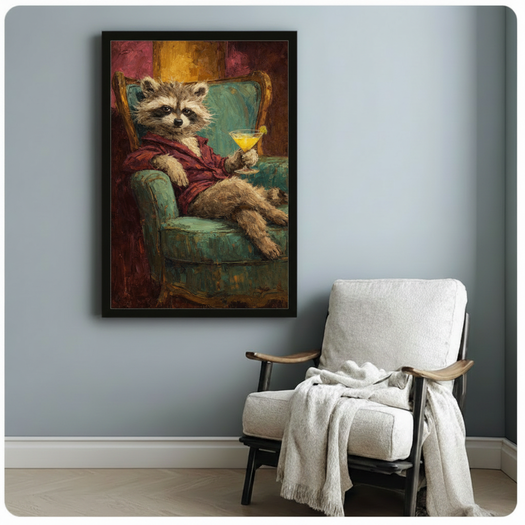 Raccoon in Robe Cocktail Impressionist Canvas Wall Art