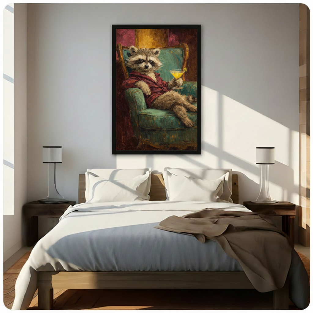 Raccoon in Robe Cocktail Impressionist Canvas Wall Art