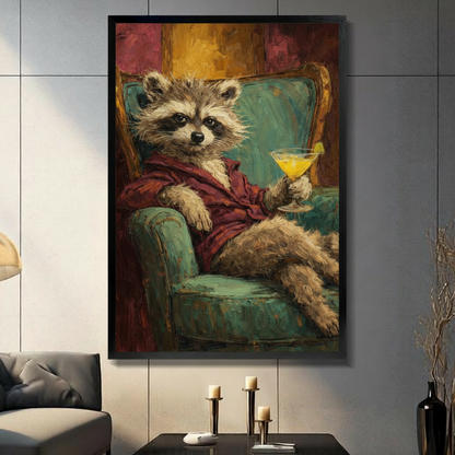 Raccoon in Robe Cocktail Impressionist Canvas Wall Art