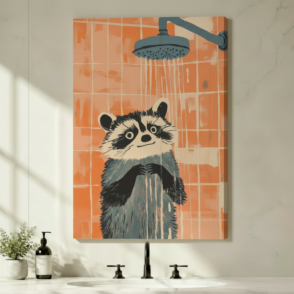 Funny Raccoon Shower Bathroom Canvas Wall Art