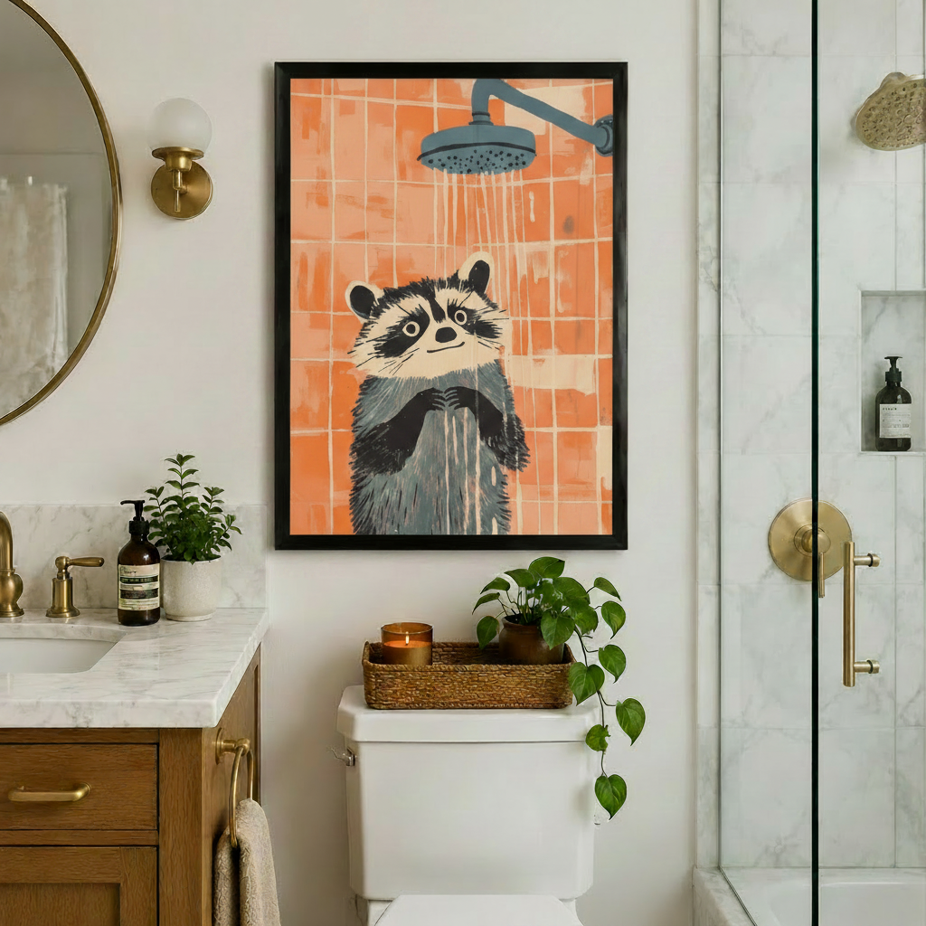Funny Raccoon Shower Bathroom Canvas Wall Art