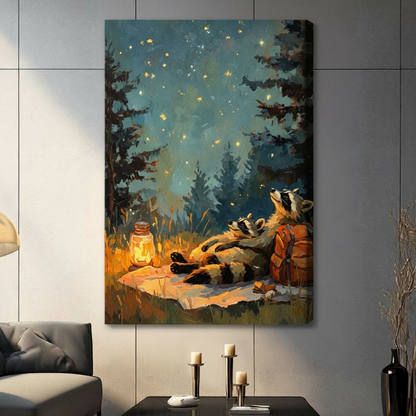 Raccoon Stargazing Camping Night Sky Oil Painting Canvas Art