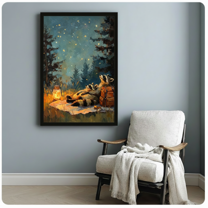 Raccoon Stargazing Camping Night Sky Oil Painting Canvas Art