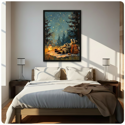 Raccoon Stargazing Camping Night Sky Oil Painting Canvas Art
