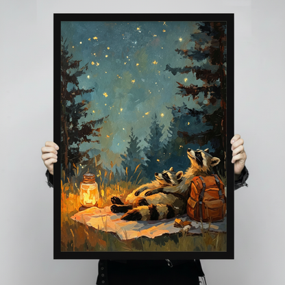 Raccoon Stargazing Camping Night Sky Oil Painting Canvas Art