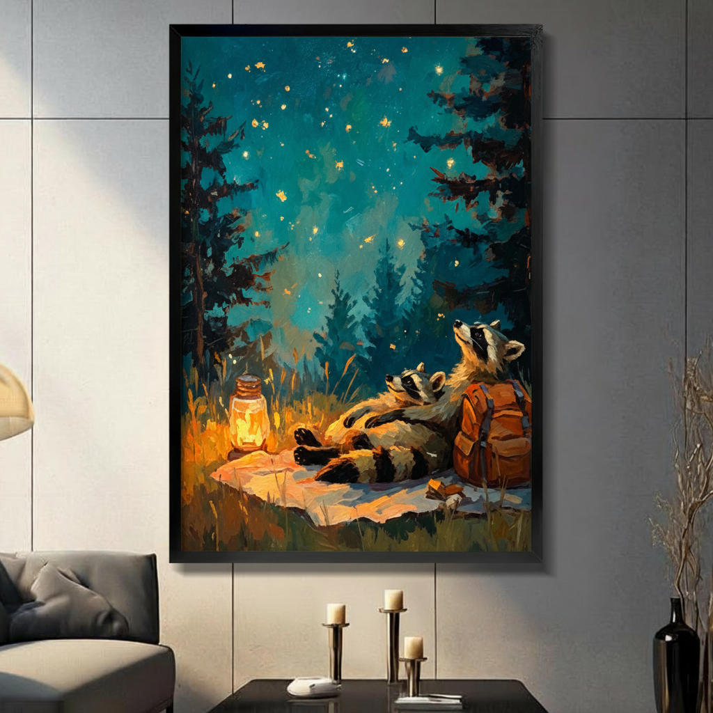 Raccoon Stargazing Camping Night Sky Oil Painting Canvas Art