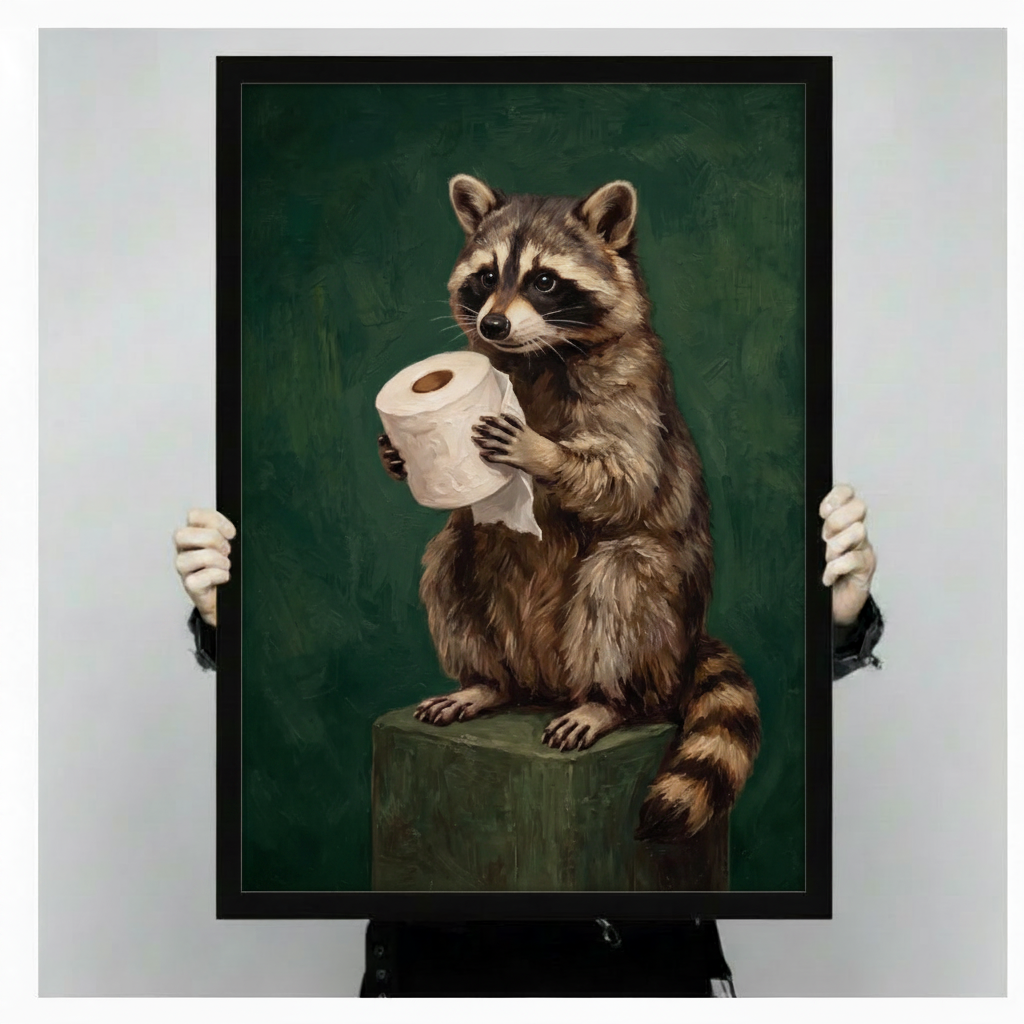Funny Raccoon Toilet Paper Bathroom Canvas Art