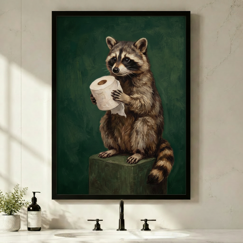 Funny Raccoon Toilet Paper Bathroom Canvas Art