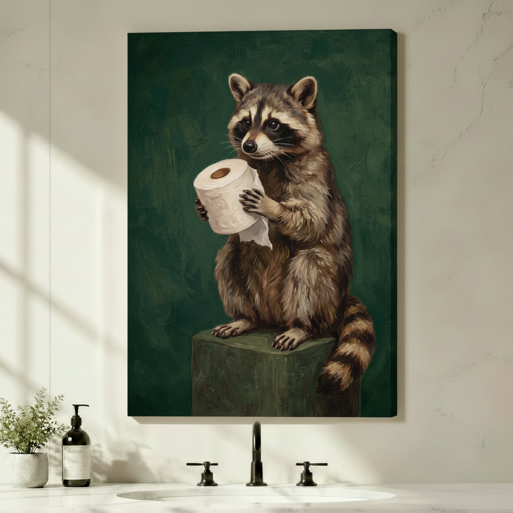 Funny Raccoon Toilet Paper Bathroom Canvas Art
