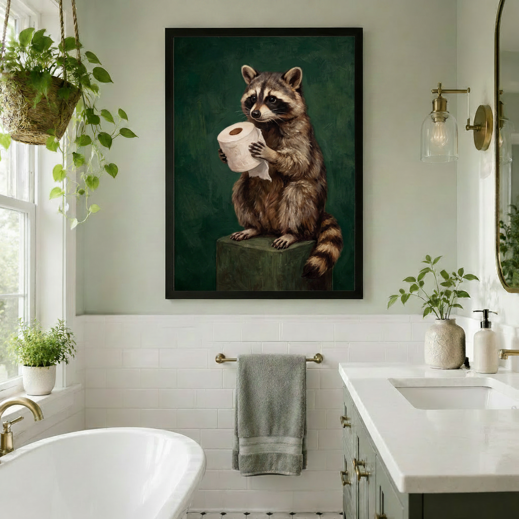 Funny Raccoon Toilet Paper Bathroom Canvas Art