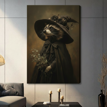 Witch Raccoon Portrait Vintage Canvas Wall Art