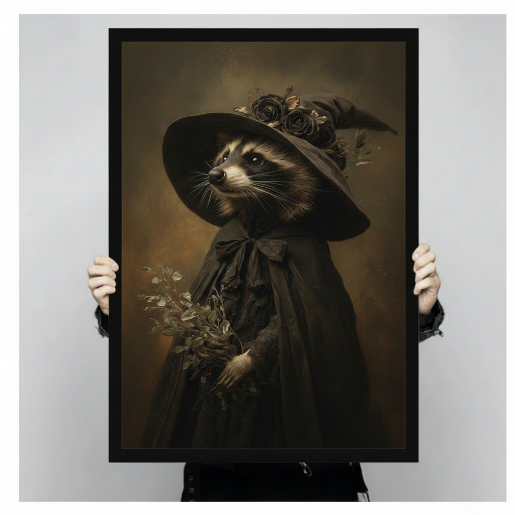 Witch Raccoon Portrait Vintage Canvas Wall Art