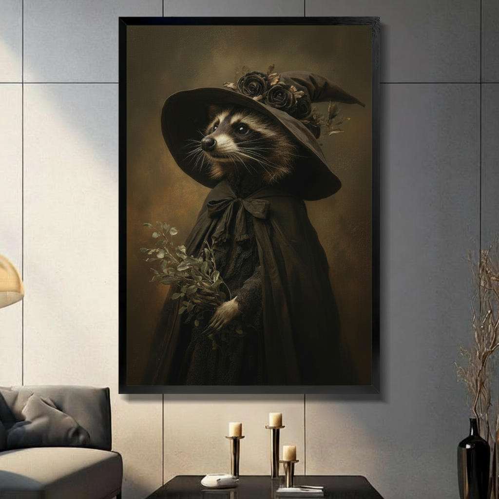 Witch Raccoon Portrait Vintage Canvas Wall Art