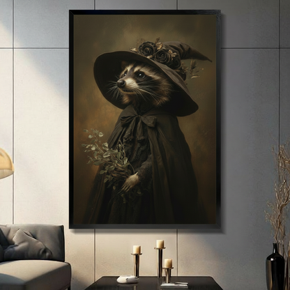 Witch Raccoon Portrait Vintage Canvas Wall Art