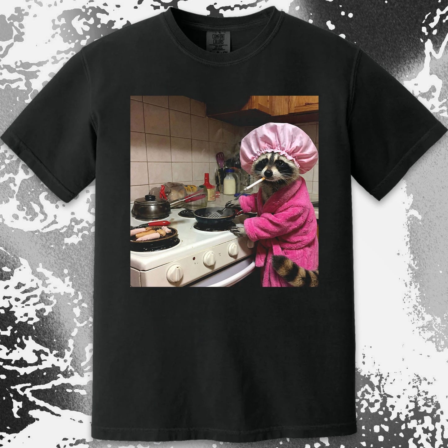 Tired Raccoon T-Shirt – Cooking While Completely Done, funny meme tee gift (view 13)