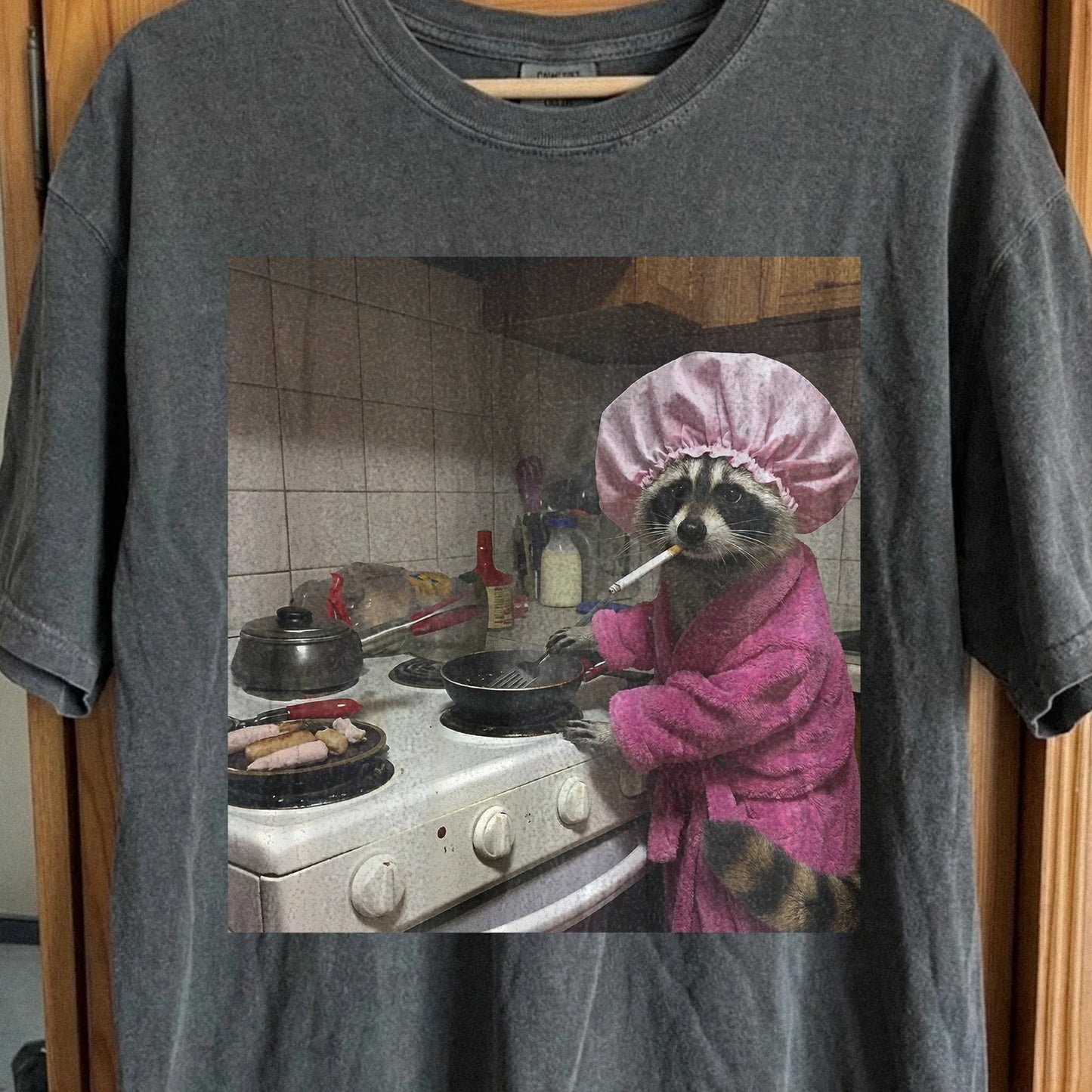 Tired Raccoon T-Shirt – Cooking While Completely Done, funny meme tee gift
