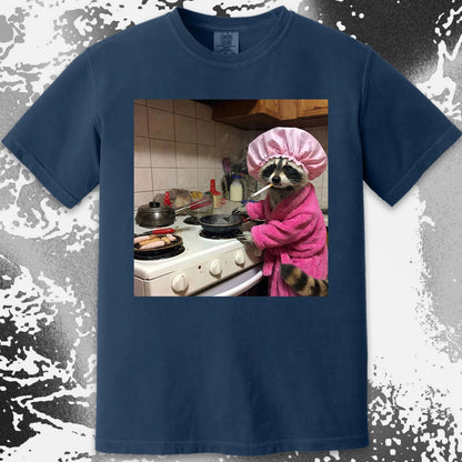 Tired Raccoon T-Shirt – Cooking While Completely Done, funny meme tee gift (view 18)