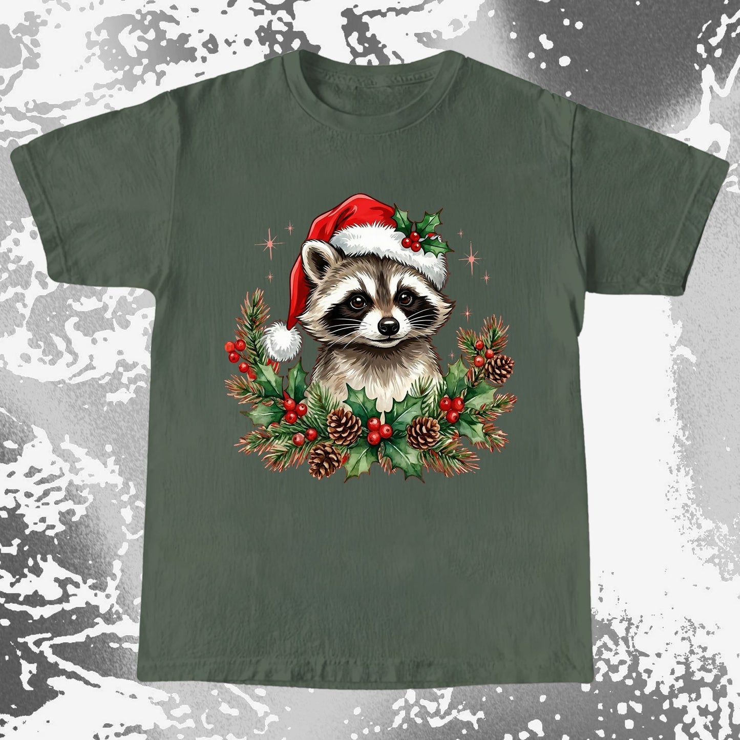 Cute Christmas Raccoon Wreath, funny meme tee gift (view 2)