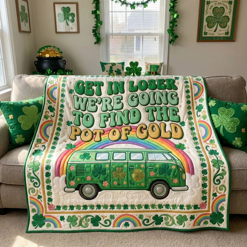 Rainbow Shamrock Retro Van Quilt Blanket