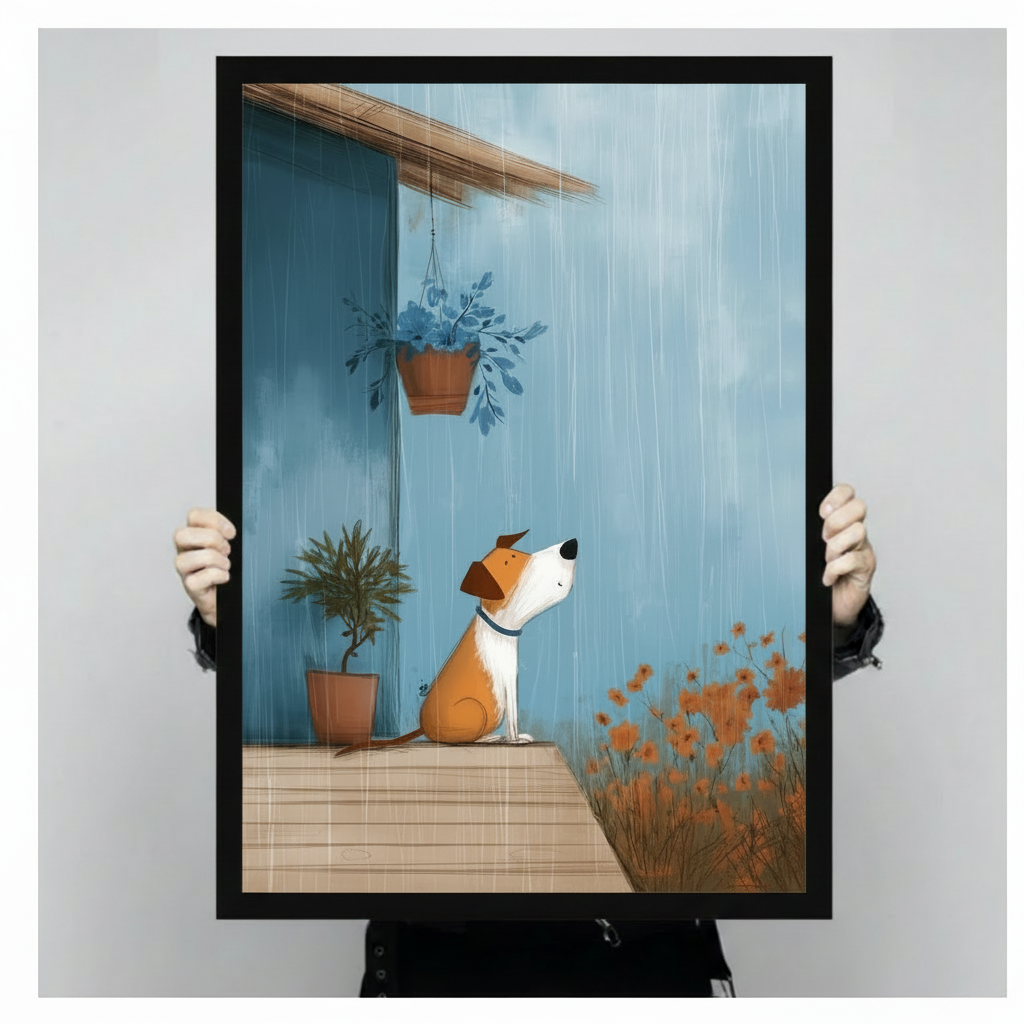Rainy Day Porch Dog Cute Canvas Art Wall Art