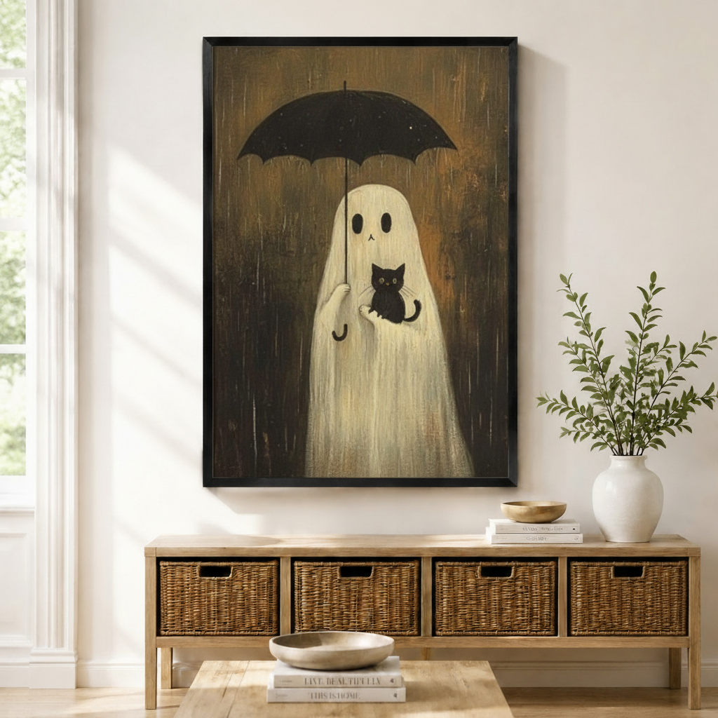 Rainy Ghost Cat Cozy Canvas Wall Art