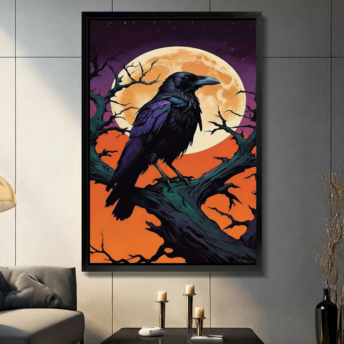 Gothic Raven Full Moon Framed Canvas Art Wall Art