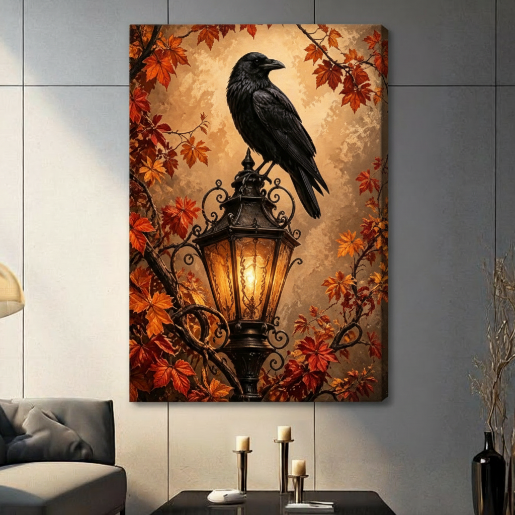 Gothic Raven Autumn Lantern Canvas Art Wall Art