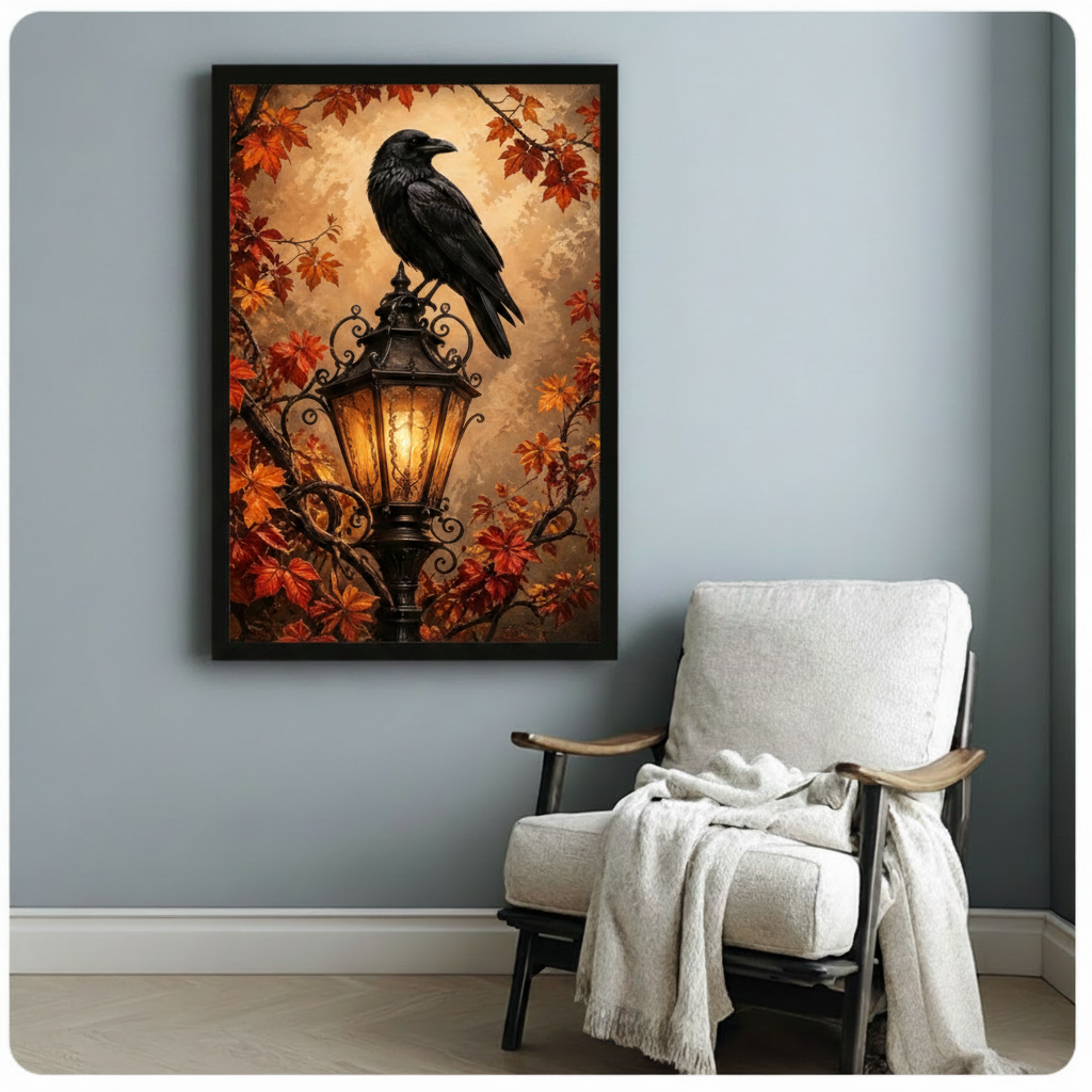 Gothic Raven Autumn Lantern Canvas Art Wall Art