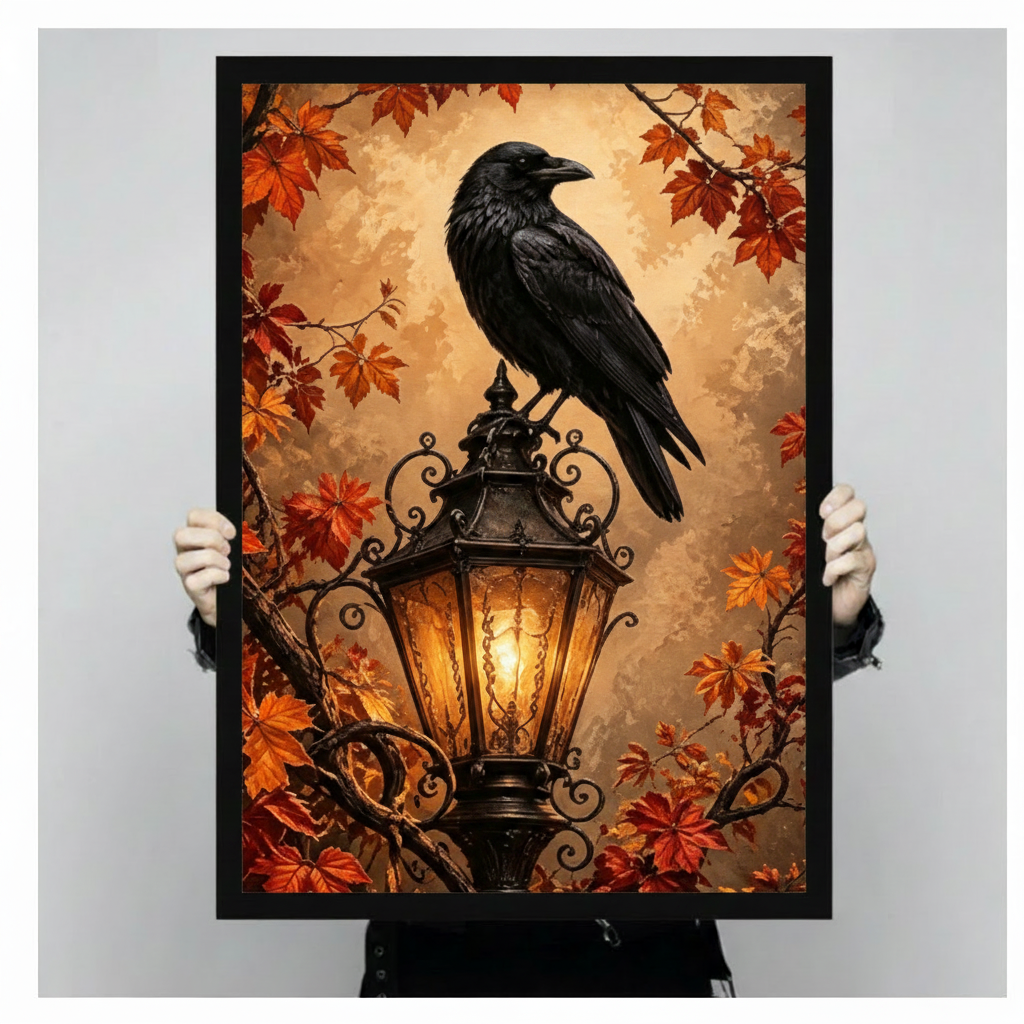 Gothic Raven Autumn Lantern Canvas Art Wall Art