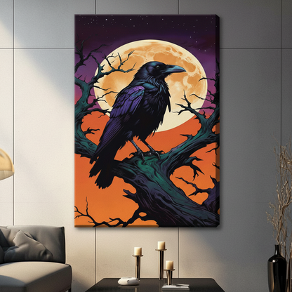 Gothic Raven Full Moon Framed Canvas Art Wall Art