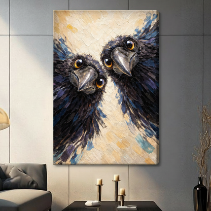 Two Ravens Close-Up Impasto Oil Painting Canvas Art