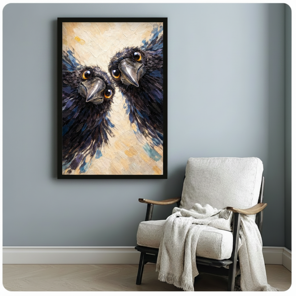 Two Ravens Close-Up Impasto Oil Painting Canvas Art