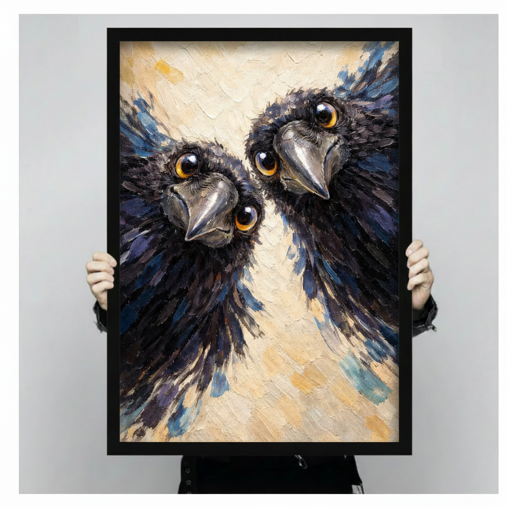 Two Ravens Close-Up Impasto Oil Painting Canvas Art