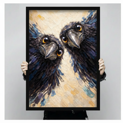 Two Ravens Close-Up Impasto Oil Painting Canvas Art