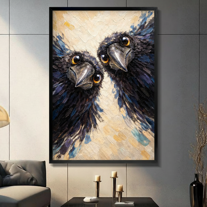 Two Ravens Close-Up Impasto Oil Painting Canvas Art