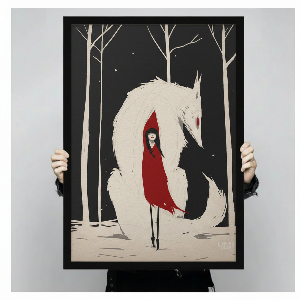 Red Cloak Girl White Fox Fantasy Canvas Wall Art