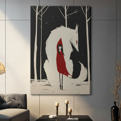 Red Cloak Girl White Fox Fantasy Canvas Wall Art