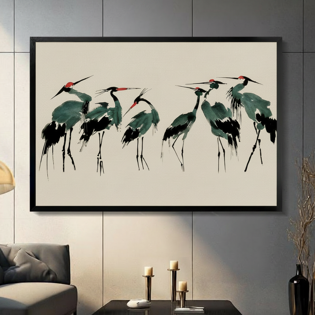 Chinese Ink Crane Wall Art Canvas Print