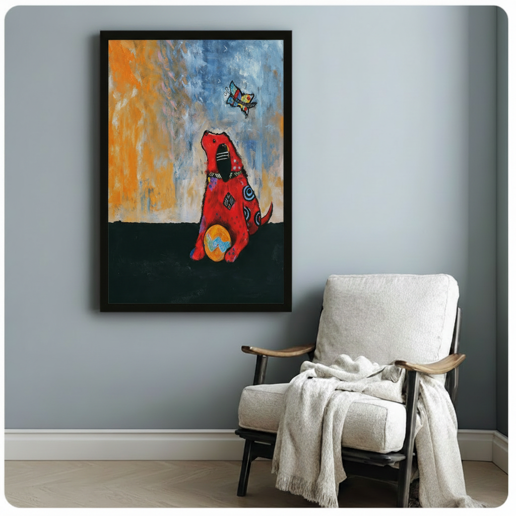 Abstract Red Dog Butterfly Expressionist Canvas Wall Art