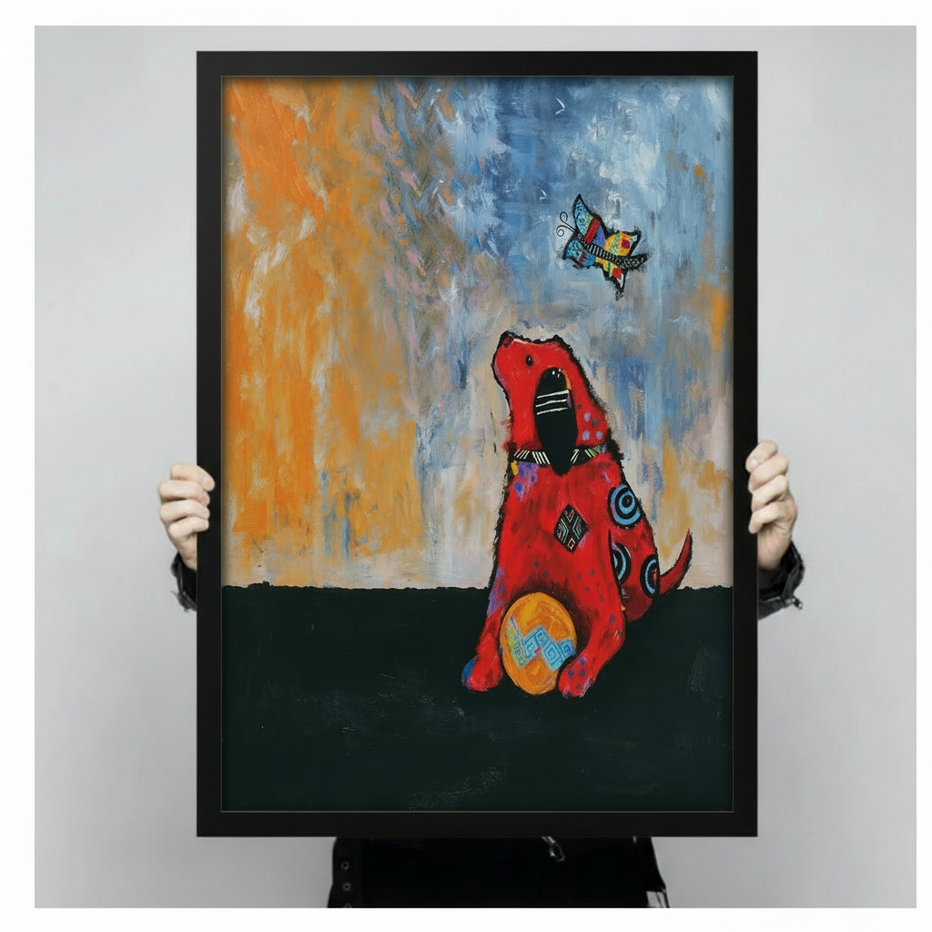 Abstract Red Dog Butterfly Expressionist Canvas Wall Art