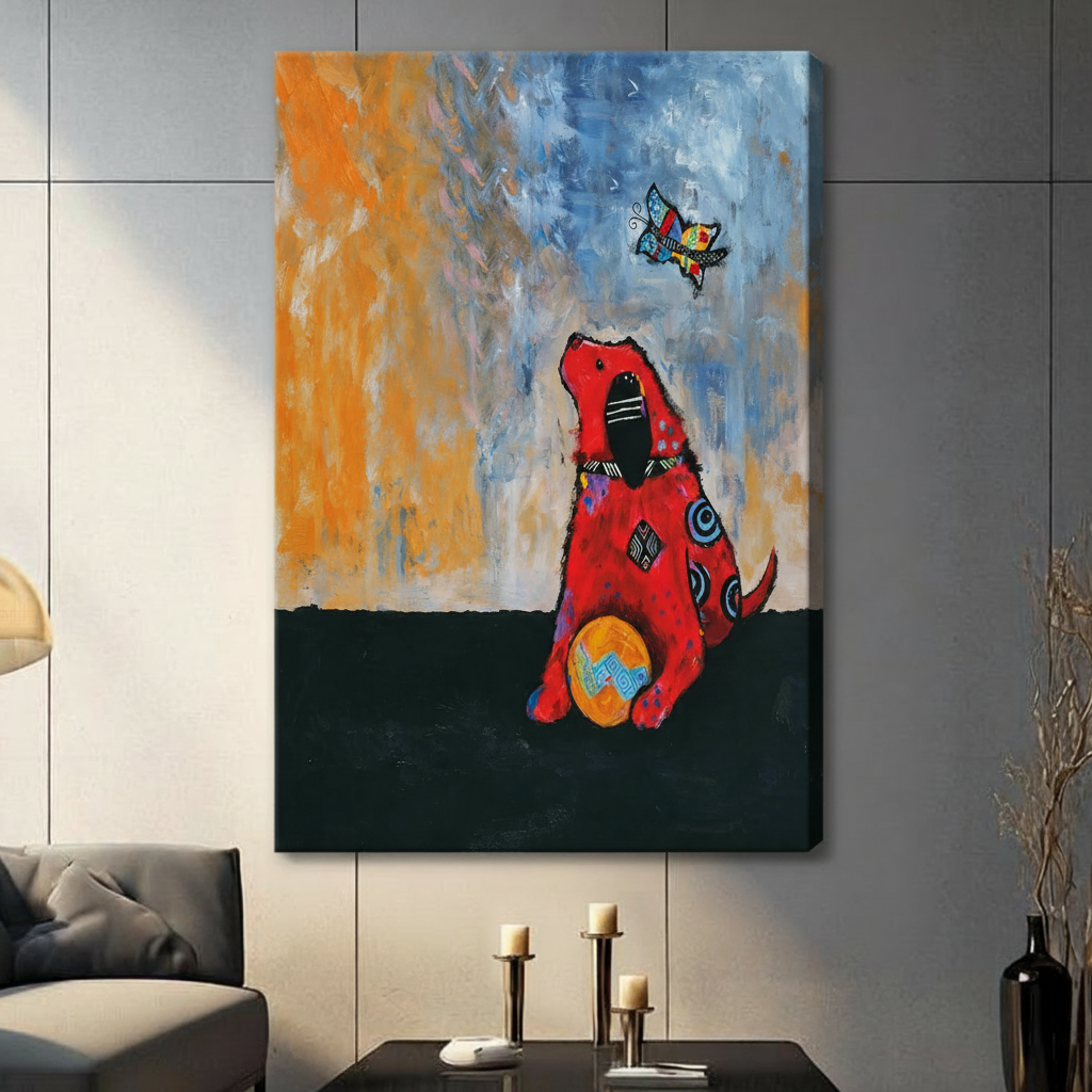 Abstract Red Dog Butterfly Expressionist Canvas Wall Art