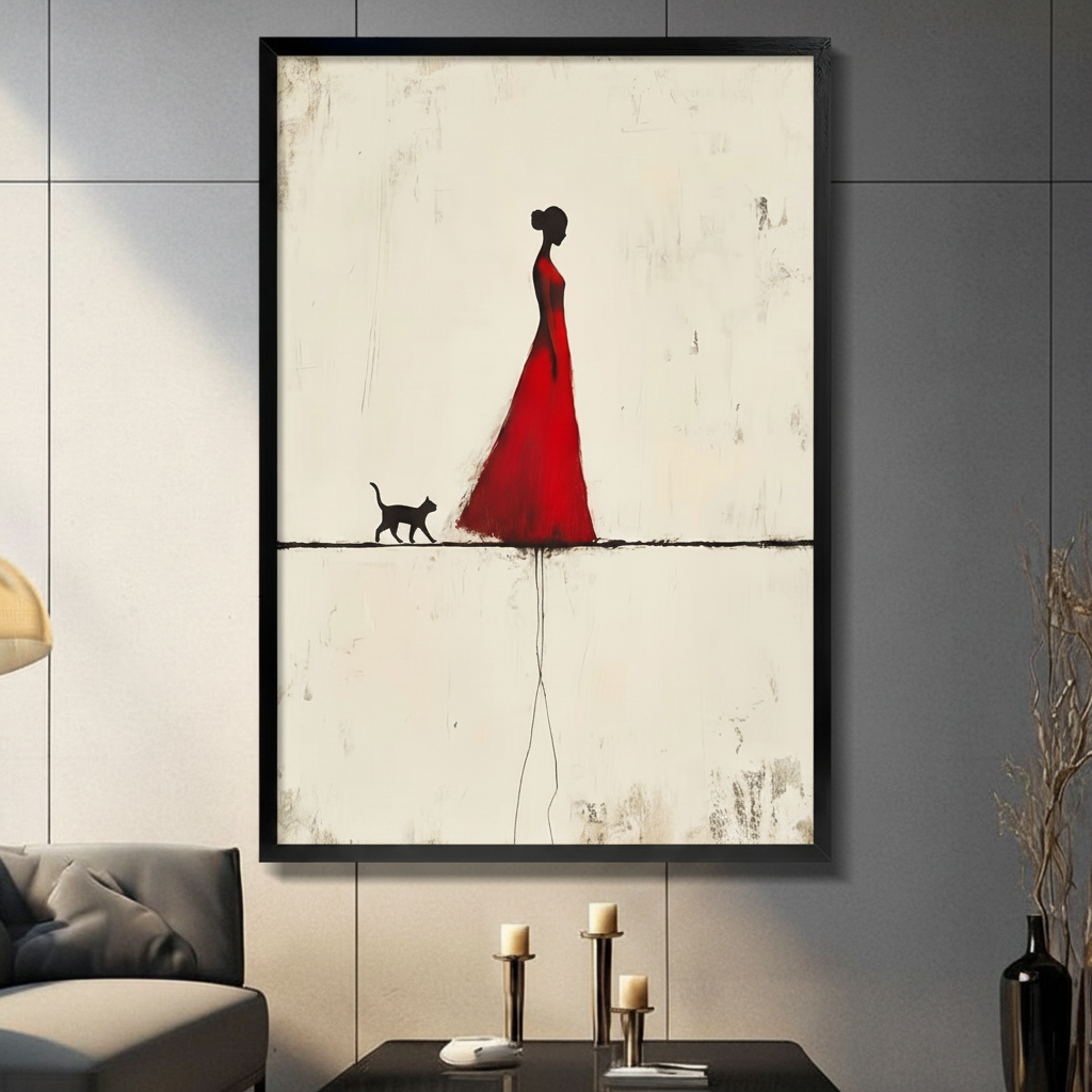 Red Dress Woman Black Cat Minimalist Canvas Print