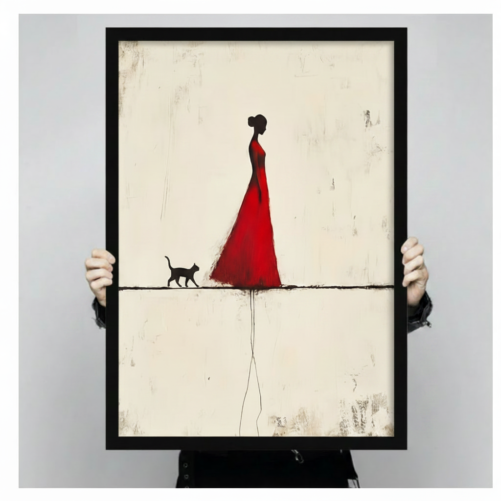 Red Dress Woman Black Cat Minimalist Canvas Print